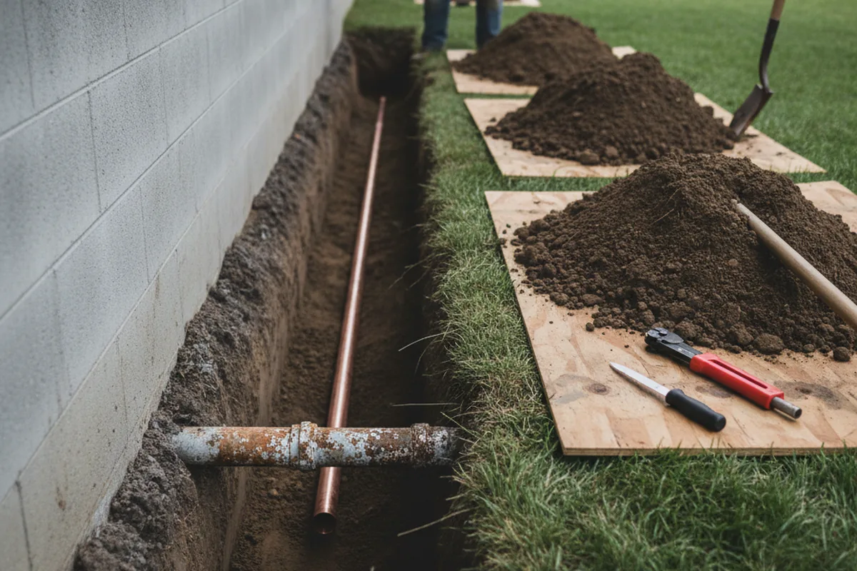 Excavated water line trench during Sewer Line Repair in Duxbury